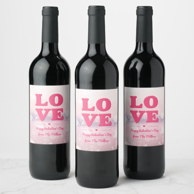 Pink LOVE Text w Bokeh Background Wine Labels (Bottles)
