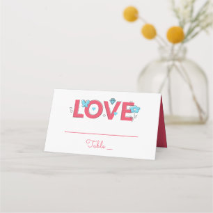 Pink Love Wedding Party Bridal Shower Blue Flower Place Card