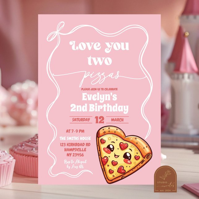 Pink Love You Two Pizzas Bow Second Birthday Party Invitation (Creator Uploaded)