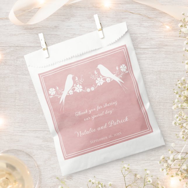 Pink Lovebird Floral Wedding Favour Bags (Clipped)