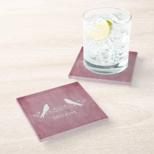 Pink Lovebirds Floral Vine Glass Coaster
