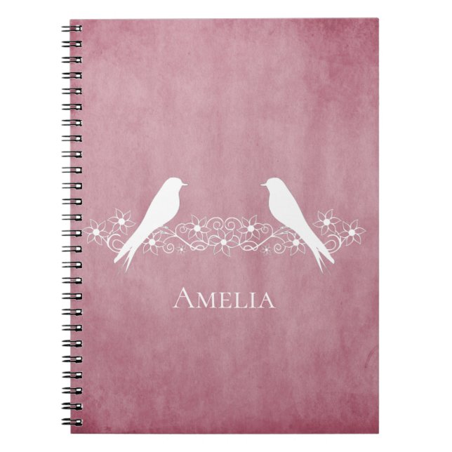 Pink Lovebirds Floral Vine Notebook (Front)