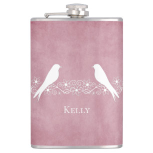 Pink Lovebirds Floral Vine Personalised Flask