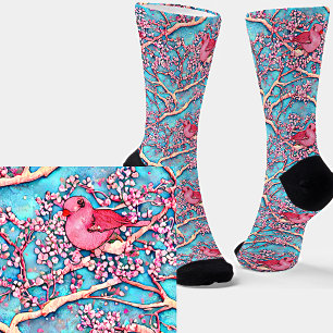 Pink Lovebirds in Blossom Tree on Blue Sky Floral Socks
