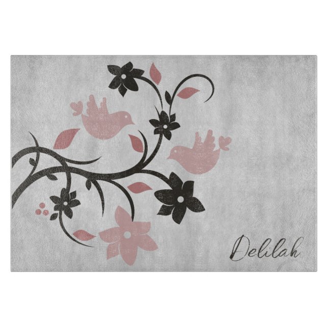 Pink Lovebirds Personalised Cutting Board (Front)