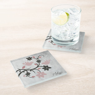Pink Lovebirds Personalised Glass Coaster