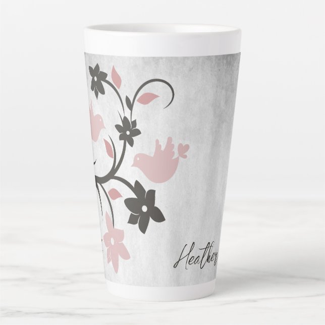 Pink Lovebirds Personalised Latte Mug (Front)