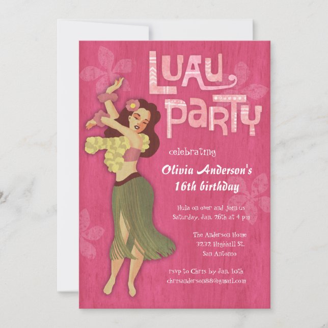 Pink Luau Birthday Party Invitations (Front)
