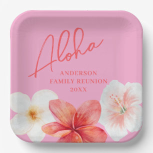 Pink Luau Tropical Flower Reunion Party Paper Plate