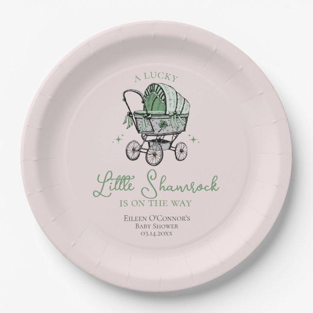 Pink Lucky Little Shamrock St Patricks Baby Shower Paper Plate (Front)