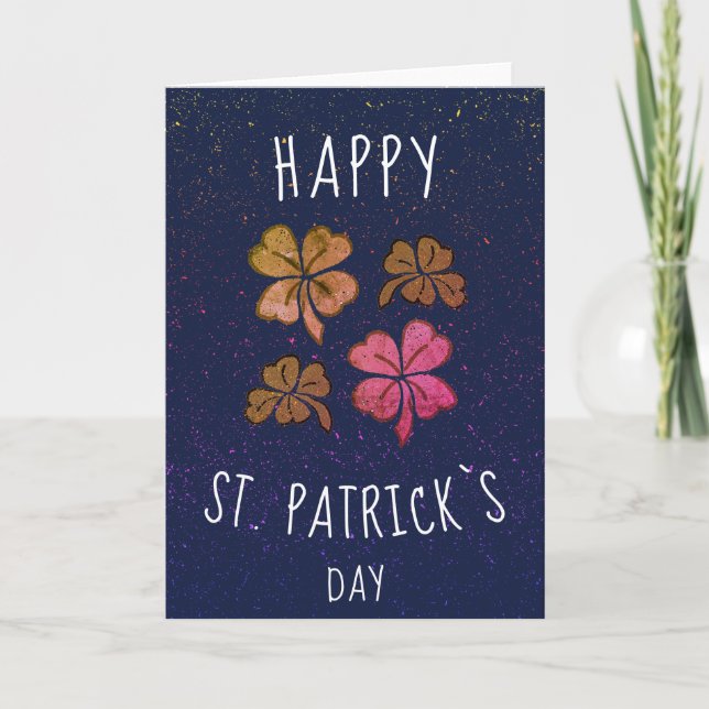 Pink Lucky Shamrock Clover Happy St. Patrick`s day Holiday Card (Front)