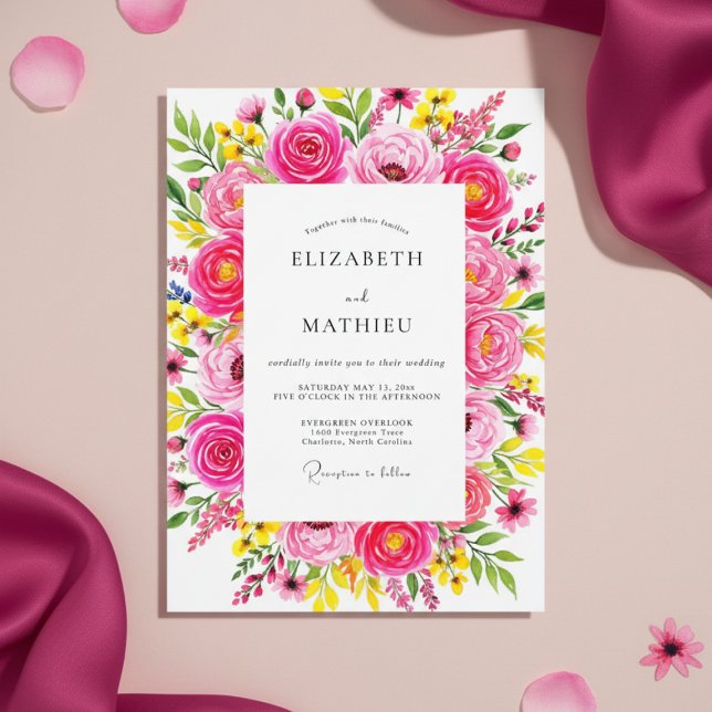 Pink Lush Floral Burst Wedding Invitation (Creator Uploaded)