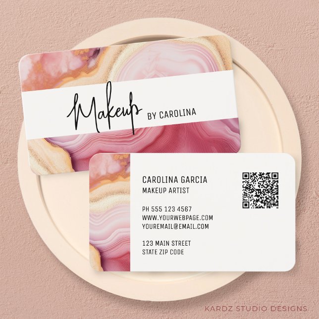 Pink Luxury Makeup Artist Business Card (Business cards are shown in 3.5 x 2.0 inch size. Enter URL to create QR Code and add your info.)