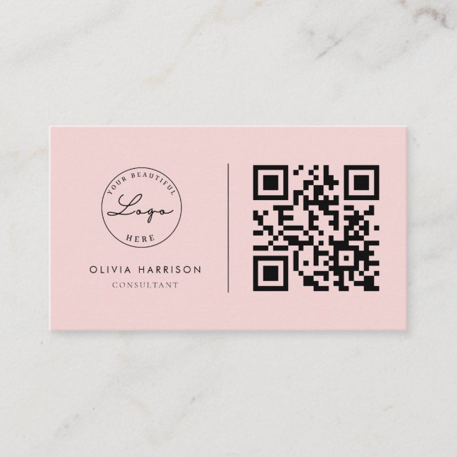 Pink Luxury Minimalist QR Code Professional  Business Card (Front)