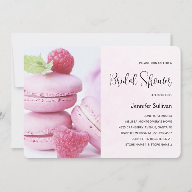 Pink Macarons with Red Raspberries Bridal Shower Invitation (Front)