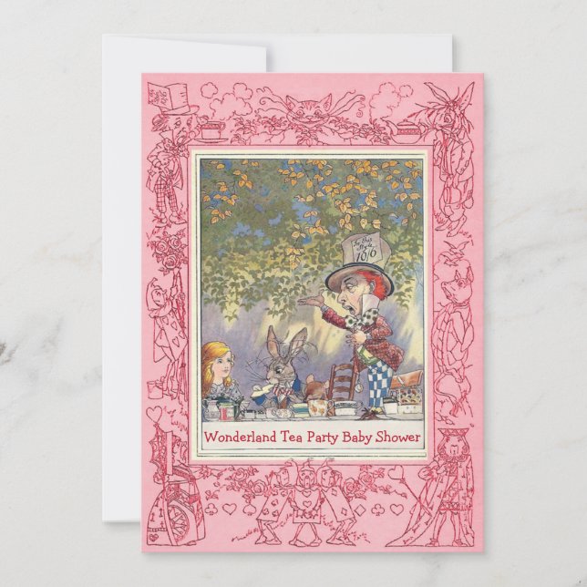 Pink Mad Hatter's Wonderland Tea Party Baby Shower Invitation (Front)