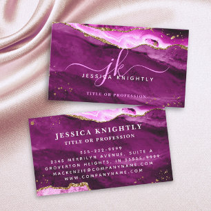 Pink Magenta Agate Gold Glitter Script Monogram Business Card