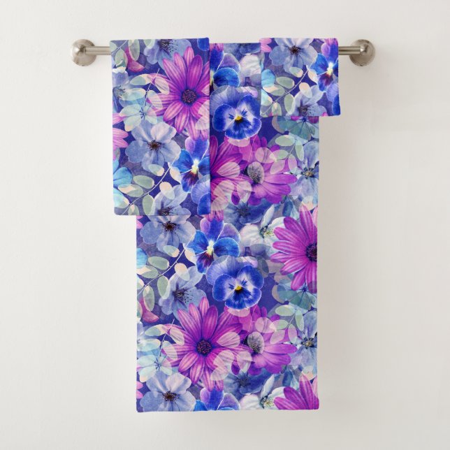 Pink Magenta Blue Floral Pattern Bath Towel Set (Insitu)
