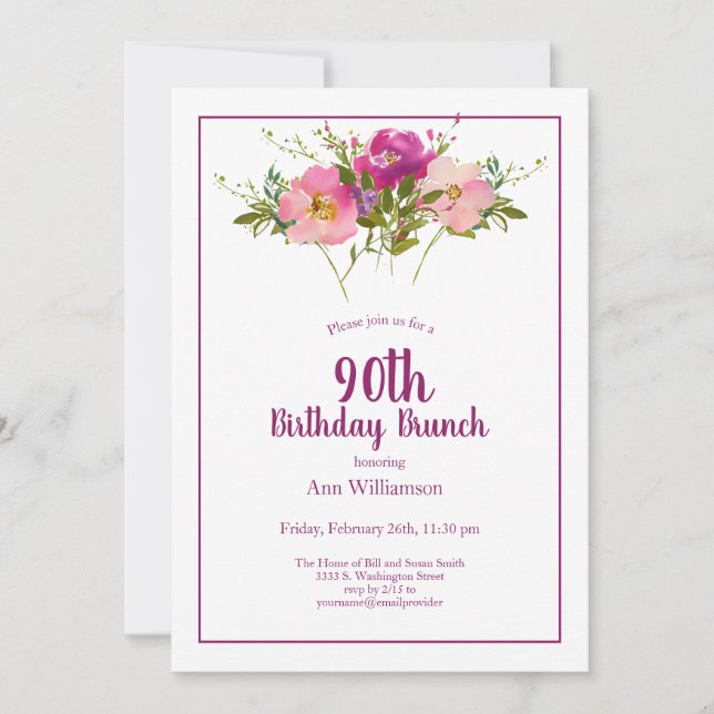 Pink Magenta Floral 90th Birthday Brunch Invitation (Front)