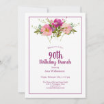 Pink Magenta Floral 90th Birthday Brunch Invitation<br><div class="desc">Pink Watercolor Floral 90th Birthday Brunch Invitation
This pink watercolor floral invitation is perfect for your special celebration. This design features a white background accented with a watercolor floral arrangement and custom typography. Add your information to complete the look.</div>