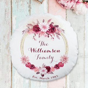 Pink Magenta Floral Cottage Wreath Family Monogram Round Cushion
