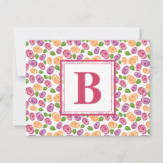 Pink Magenta Floral Personalised Monogram Initial Card (Front)