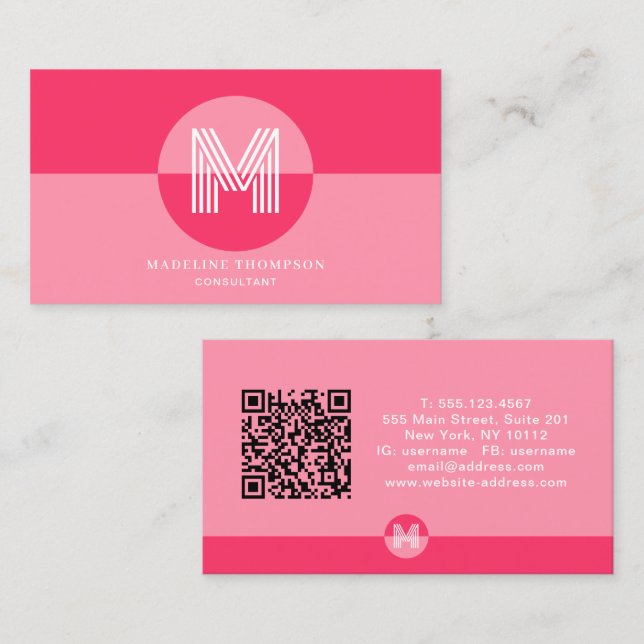 Pink Magenta Geometric Modern Monogram QR Code Business Card (Front/Back)