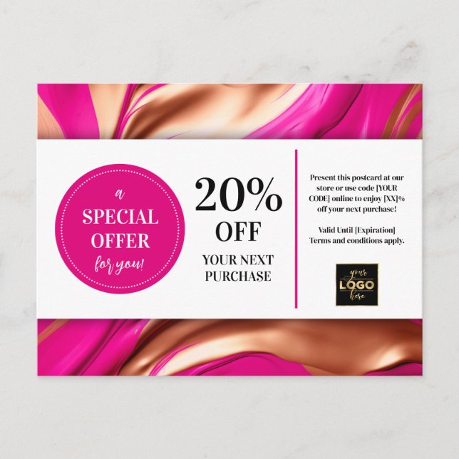 Pink Magenta Gold Swirls Coupon Discount Postcard (Front)