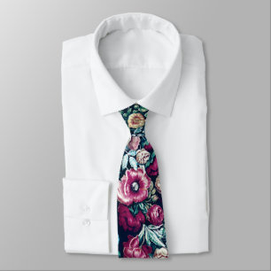 Pink Magenta Green Blue Teal Peony and Rose Flower Tie