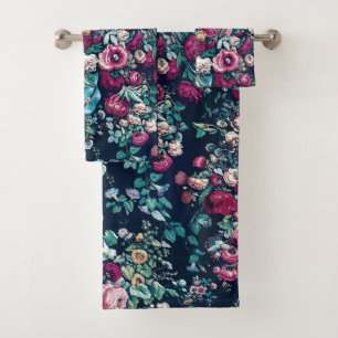 Pink Magenta Green Blue Teal Peony & Rose Flowers Bath Towel Set
