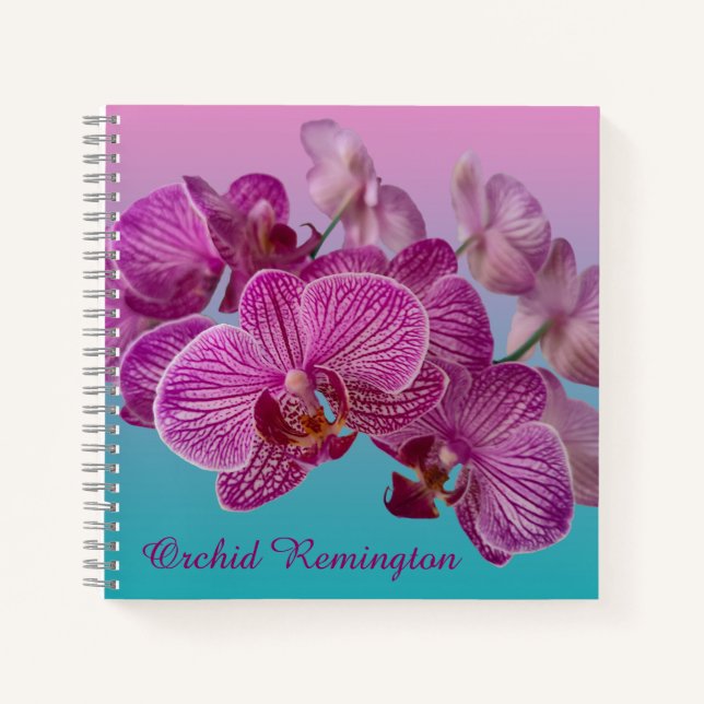 Pink Magenta Orchid Flowers Monogram Notebook (Front)