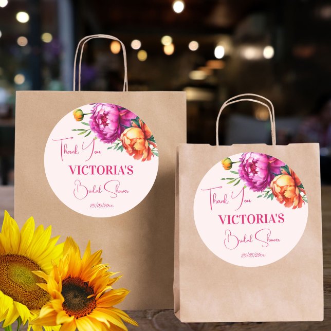 Pink magenta peach floral bridal shower favour classic round sticker (Pink magenta peach peonies spring summer floral bridal shower thank you favor sticker)