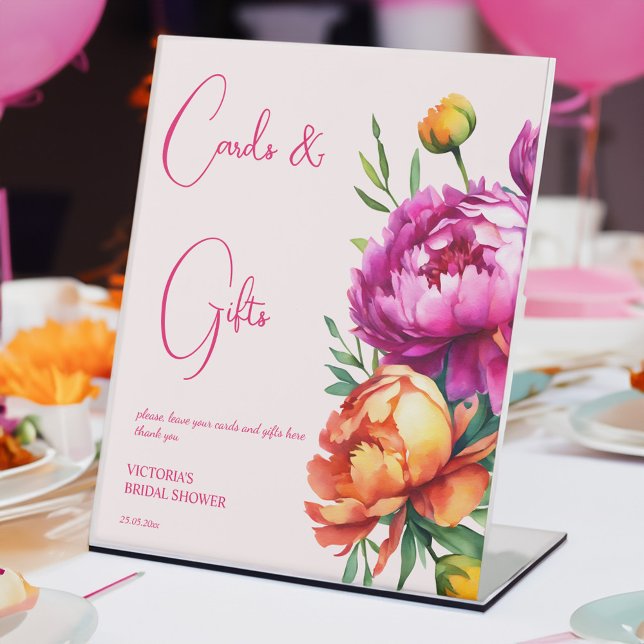 Pink magenta peach peonies cards and gifts pedestal sign (Pink magenta peach peonies summer bridal shower cards and gifts pedestal sign table decor)