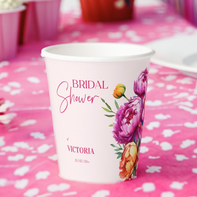 Pink magenta peach peonies elegant bridal shower paper cups (Pink magenta peach peonies elegant floral bridal shower paper cups personalized tableware decor)
