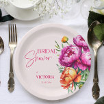Pink magenta peach peonies elegant bridal shower paper plate<br><div class="desc">Pink magenta peach peonies elegant bridal shower template paper plates personalised tableware decor,  vibrant bold colours modern casual typography</div>