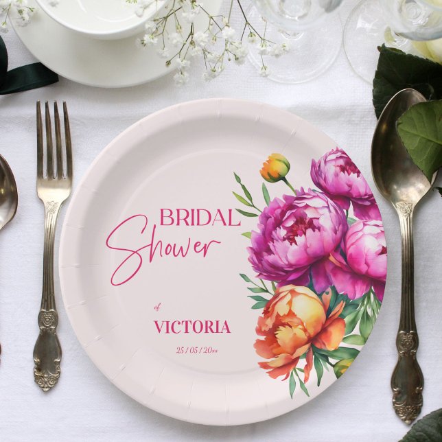 Pink magenta peach peonies elegant bridal shower paper plate (Pink magenta peach peonies floral elegant bridal shower template paper plates personalized tableware)