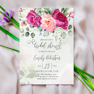 Pink magenta peony roses eucalyptus greenery invitation