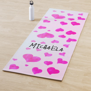 Pink magenta watercolor hearts pattern Your name Yoga Mat