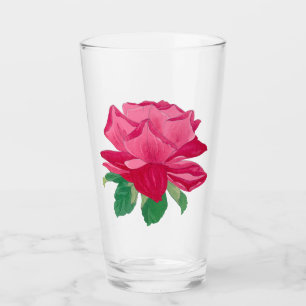 Pink Magenta Watercolor Rose Flower & Green Leaves Glass