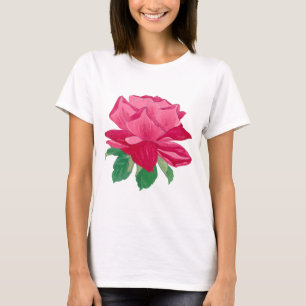 Pink Magenta Watercolor Rose Flower & Green Leaves T-Shirt