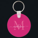 Pink Magenta White Monogram Name Modern Script Key Ring<br><div class="desc">Simple Pink Magenta White Monogram Elegant Modern Script Keychain</div>
