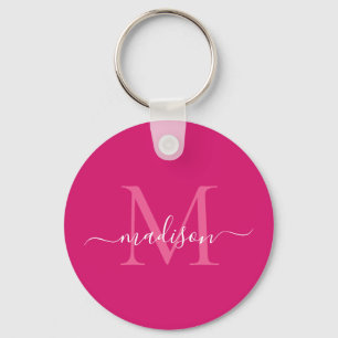 Pink Magenta White Monogram Name Modern Script Key Ring