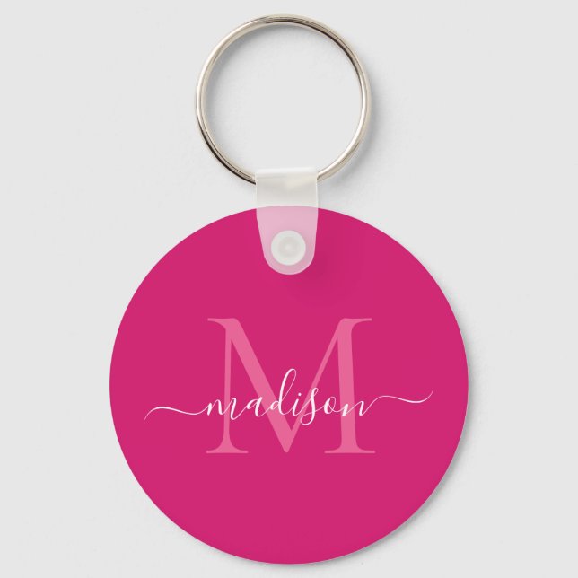 Pink Magenta White Monogram Name Modern Script Key Ring (Front)