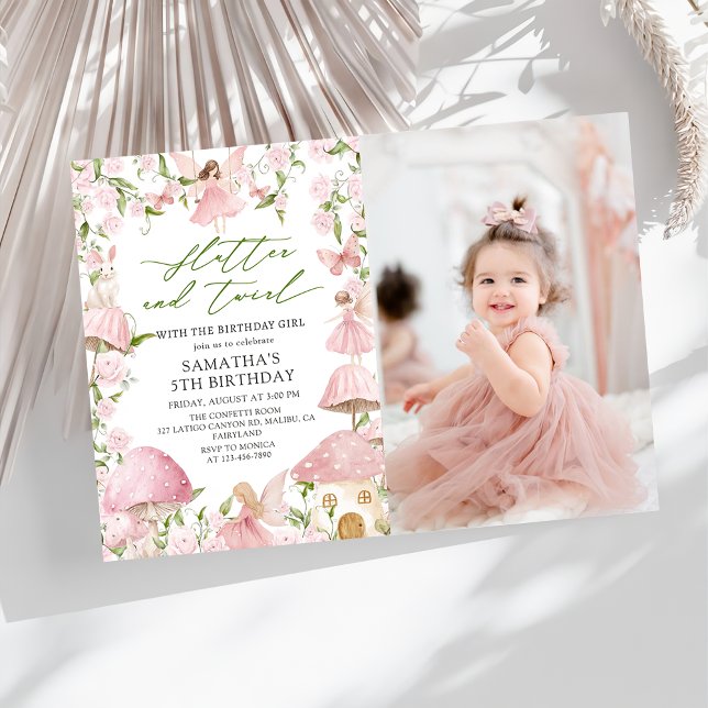 Pink Magical Floral Fairy Garden Birthday Photo Invitation (Creator Uploaded)
