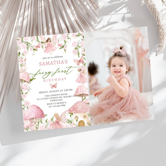 Pink  Magical Forest Fairy First Birthday Photo Invitation (Creator Uploaded)