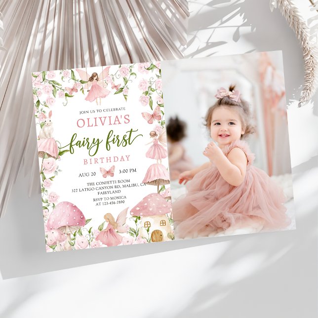 Pink Magical Forest Fairy First Birthday Photo Invitation (Creator Uploaded)