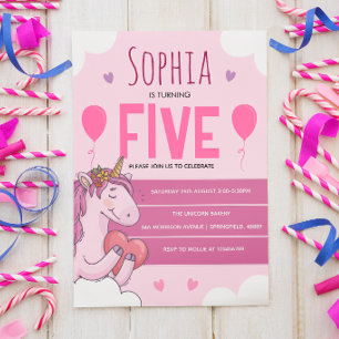 Pink Magical Unicorn 5th Birthday Party Card