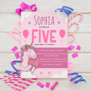 Pink Magical Unicorn 5th Birthday Party Invitation