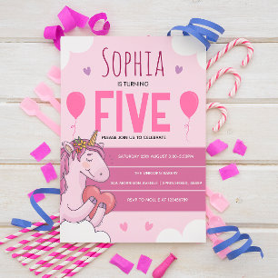Pink Magical Unicorn 5th Birthday Party  Postcard