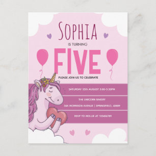 Pink Magical Unicorn 5th Birthday Party Postcard